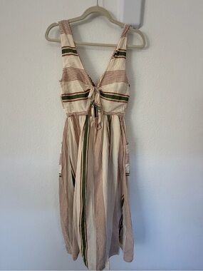 Vintage Striped Tie-Front Midi Dress in Cream, Rust, and Olive
